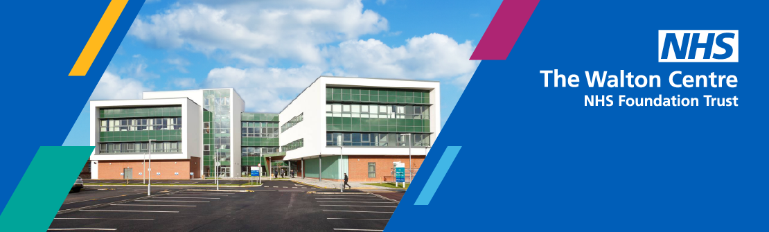 Decorative banner featuring a photo of The Walton Centre NHS Foundation Trust and the Trust logo positioned in the top-right corner